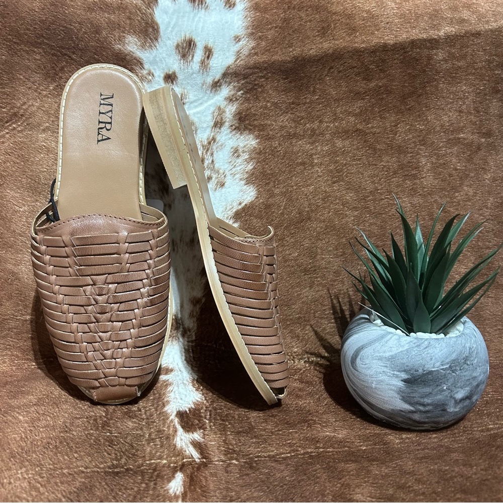 Myra Bag Brown Textured Leather Mules